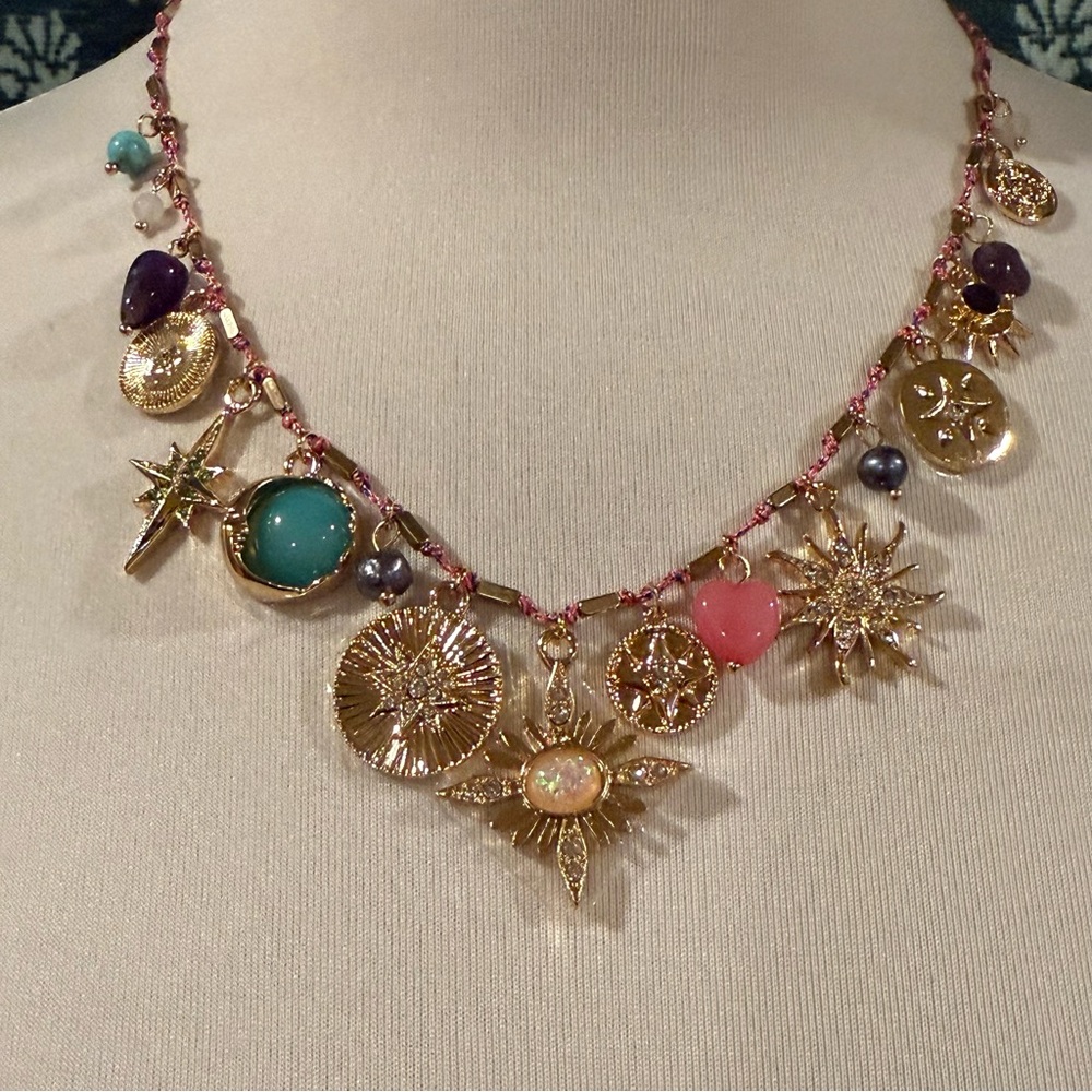 Camila Coelho Gold Pink Pearl Jade Turquoise Amethyst Charm Necklace NWT - Picture 9 of 14